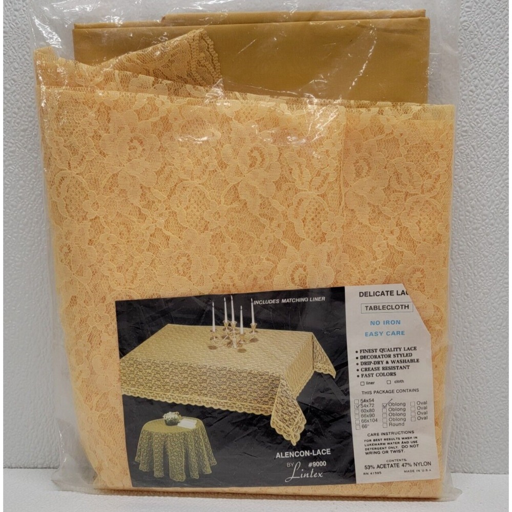 NEW Vintage Lintex Alencon-Lace Tablecloth Oblong 54" x 72" Yellow w/ Liner NOS